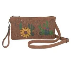 Justin Womens Western Cactus Pattern Crossbody Wristlet Brown New W Tag